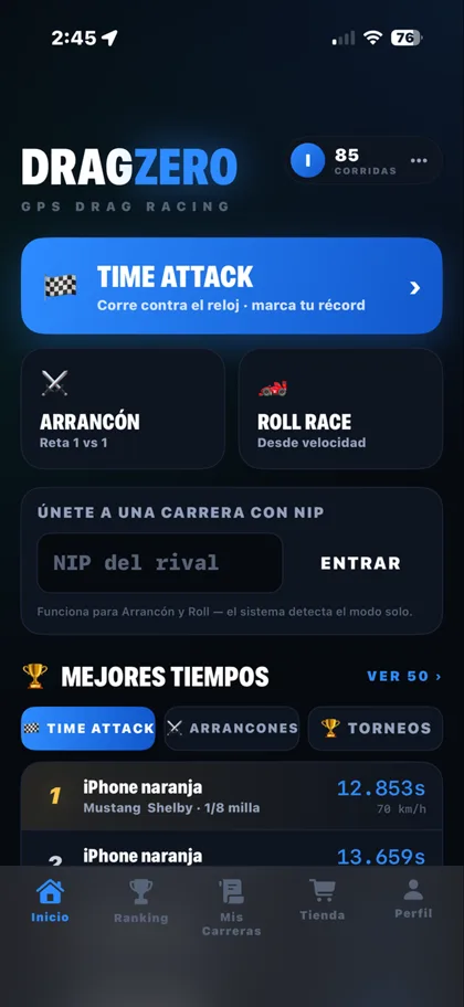 Pantalla de inicio de DragZero: Time Attack, Arrancón 1vs1, Roll Race y mejores tiempos